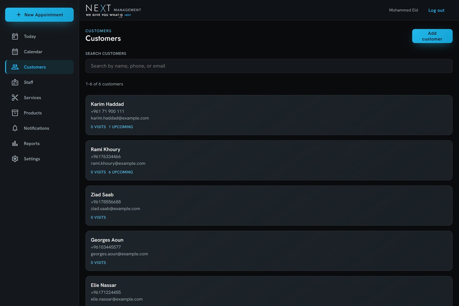 NEXT Management customers list with searchable customer records