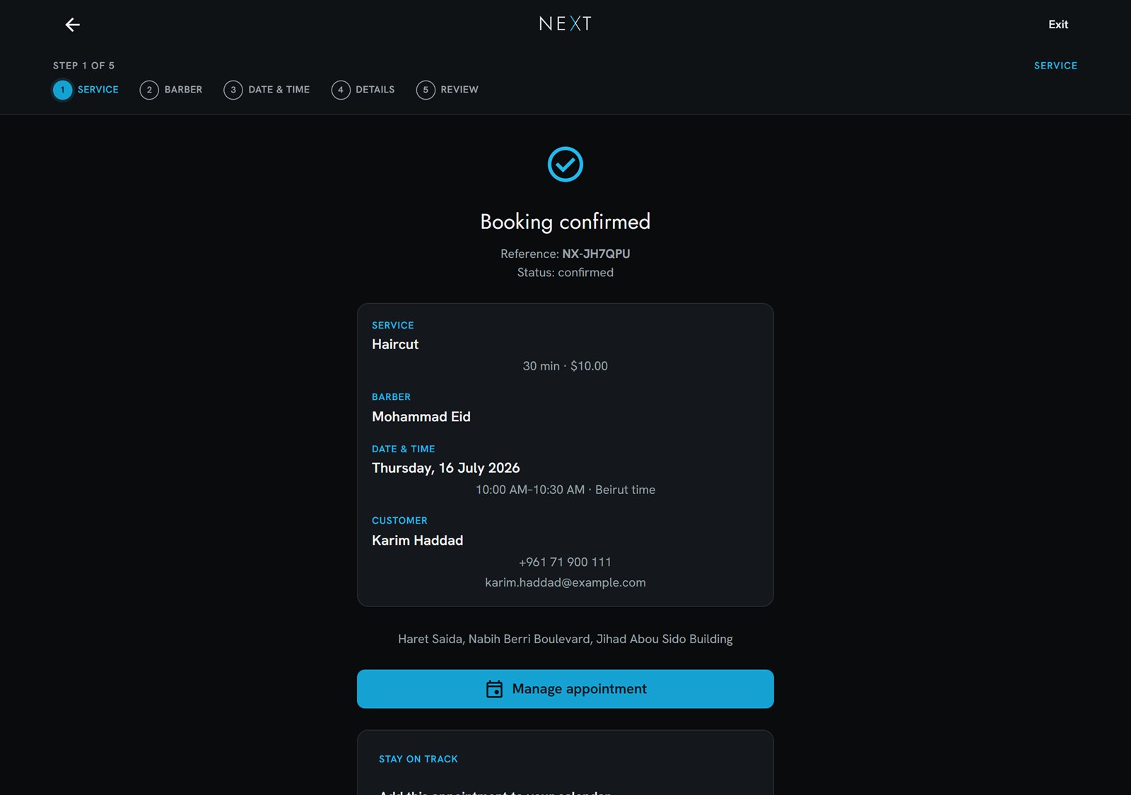 NEXT booking confirmed screen with reference number NX-JH7QPU and manage appointment action