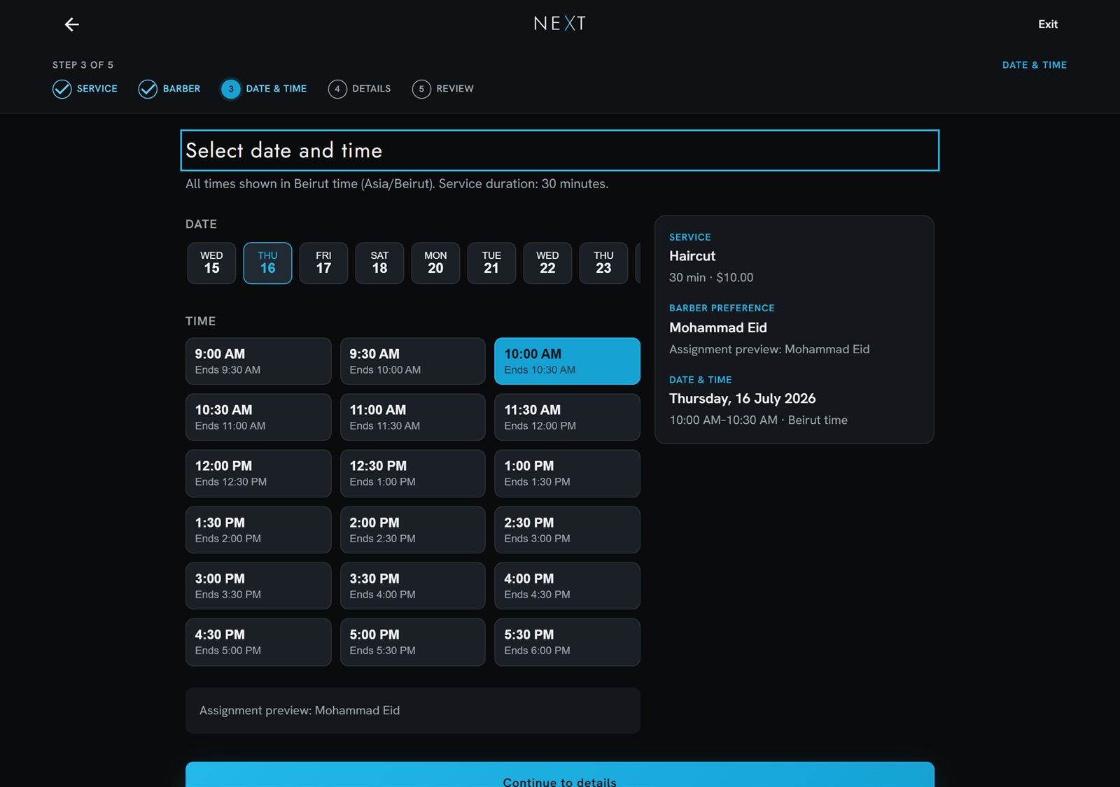 NEXT booking step 3 showing a selected day and available time slots