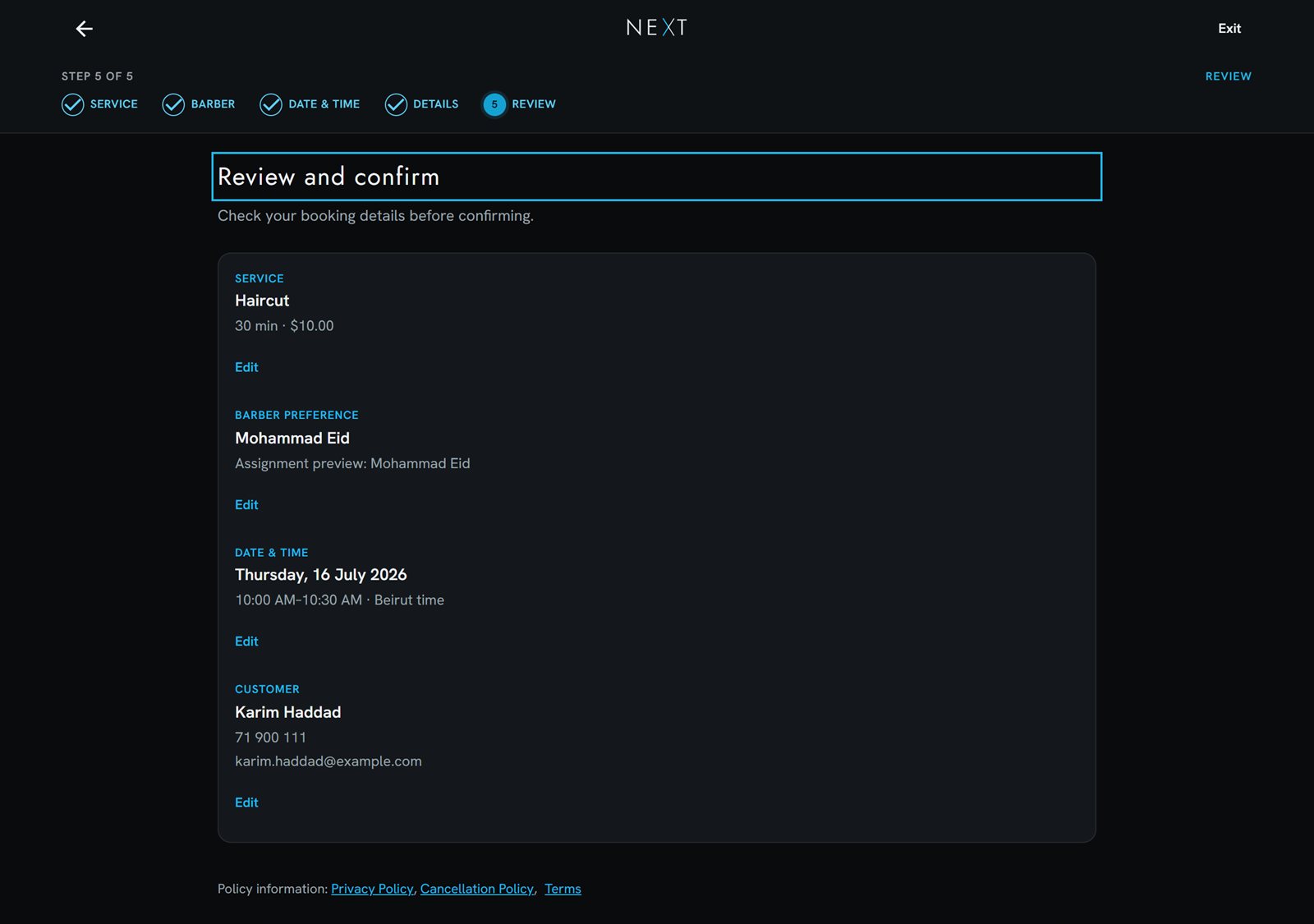 NEXT booking review step summarizing service, barber, schedule, and customer details