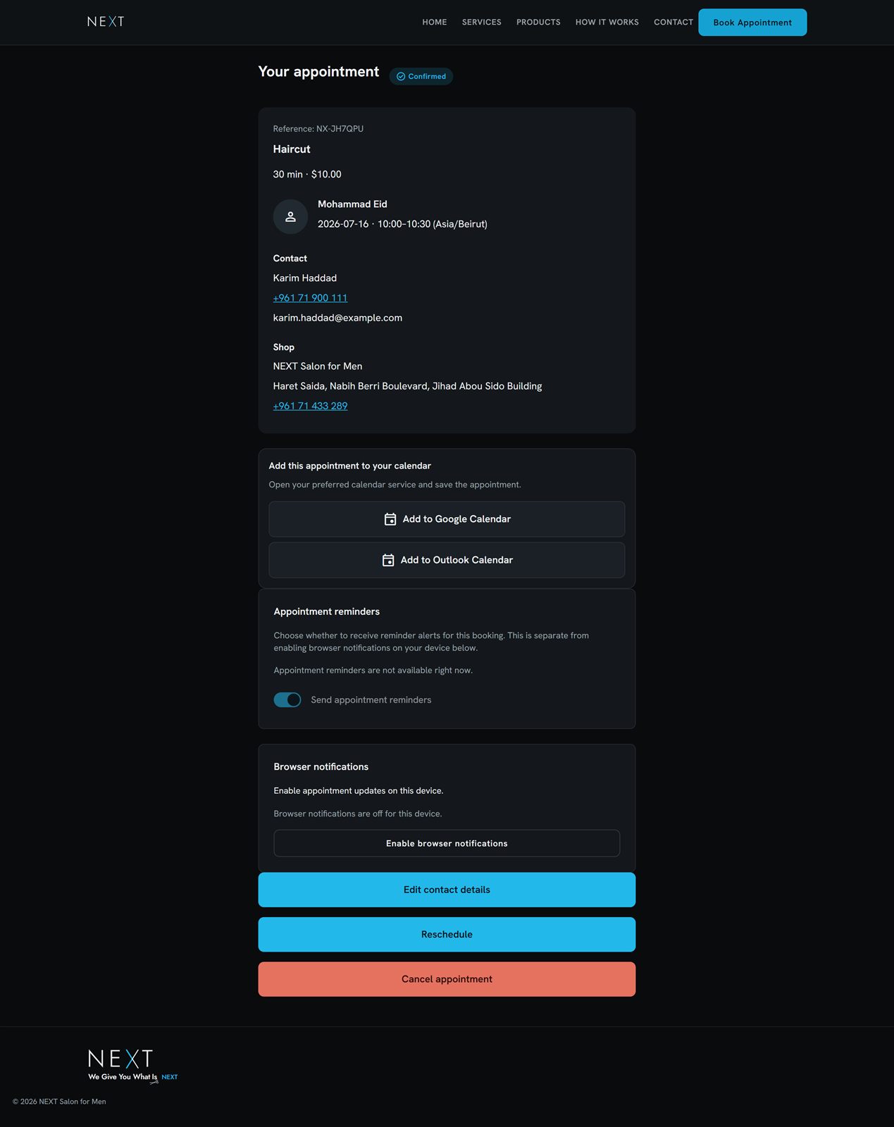 NEXT appointment management page with reschedule, cancel, calendar export, and contact edit actions