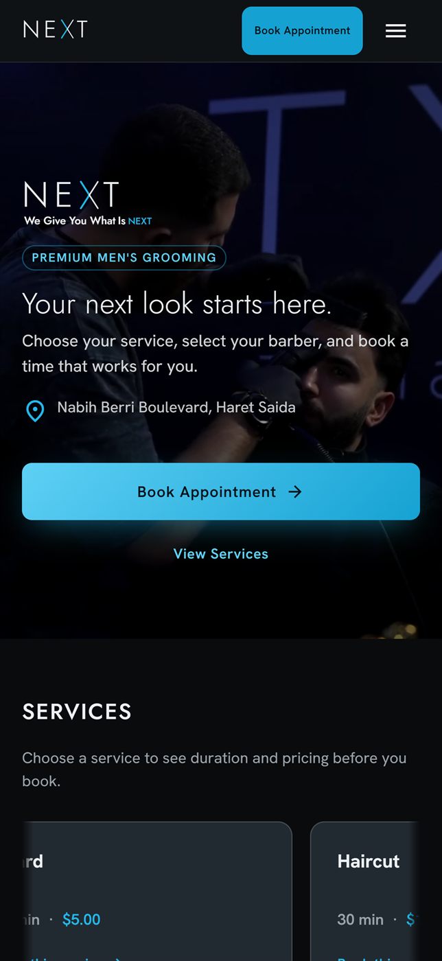 NEXT mobile homepage showing Book Appointment and services preview on a phone viewport