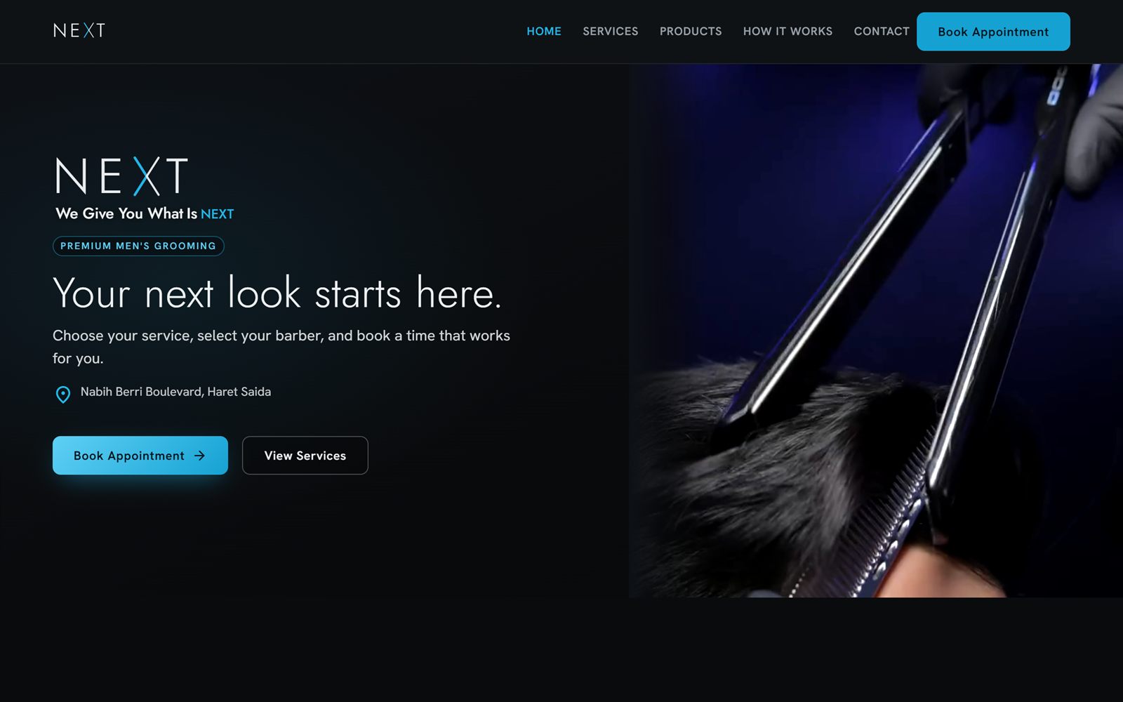 NEXT salon public homepage with booking call to action and hero grooming photography