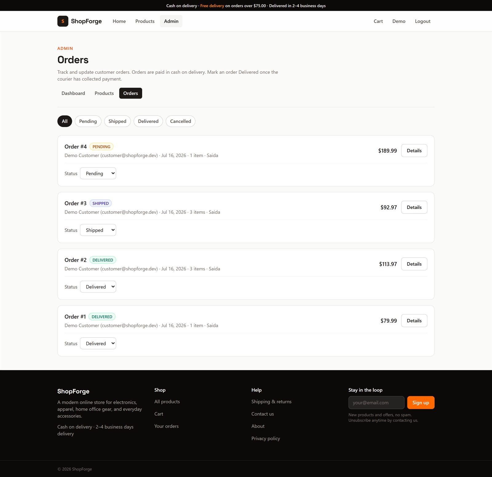 ShopForge admin orders list with order status and customer details
