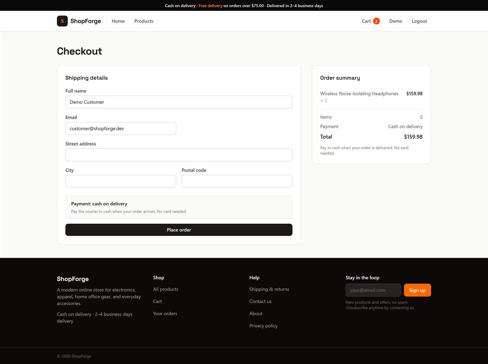 ShopForge checkout form with customer details and cash on delivery payment option