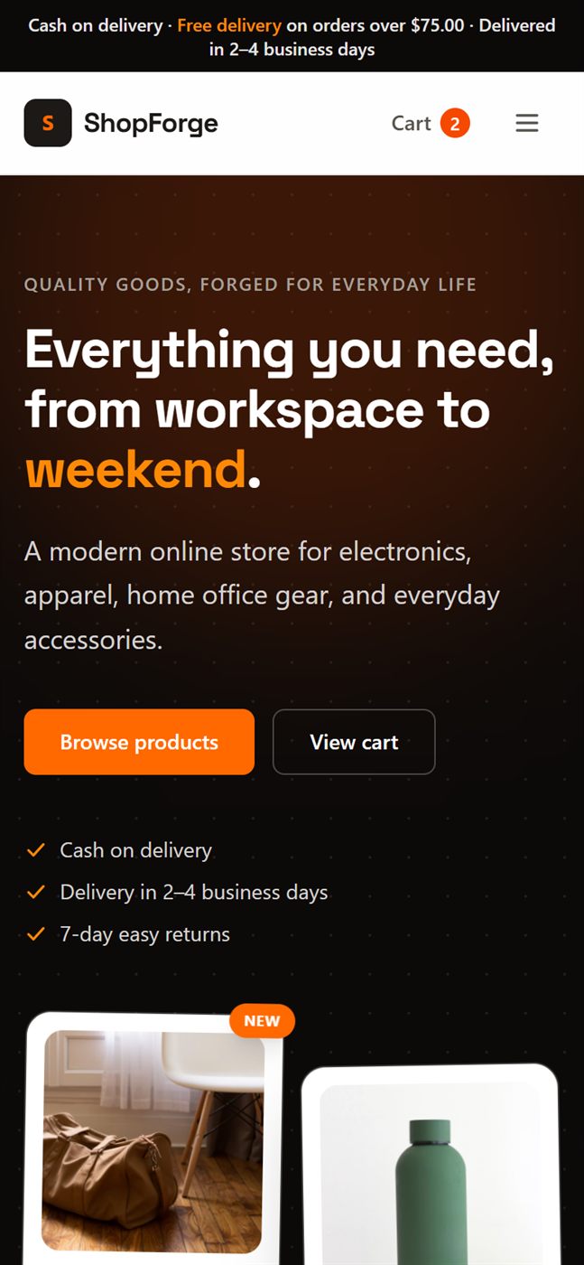 ShopForge mobile storefront homepage on a phone viewport