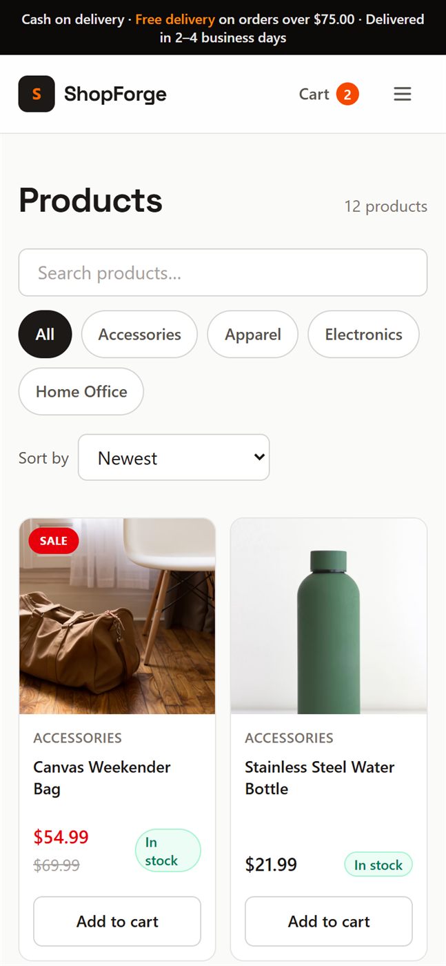 ShopForge mobile product catalog on a phone viewport