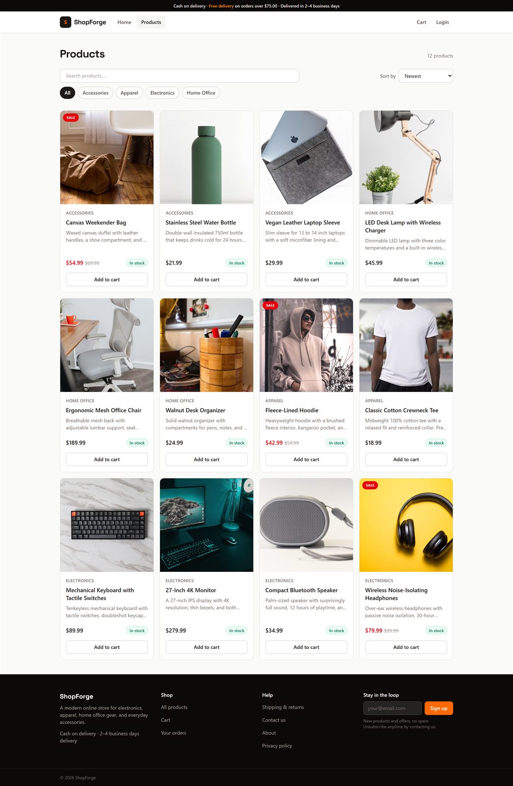 ShopForge product catalog listing products with filters and pricing