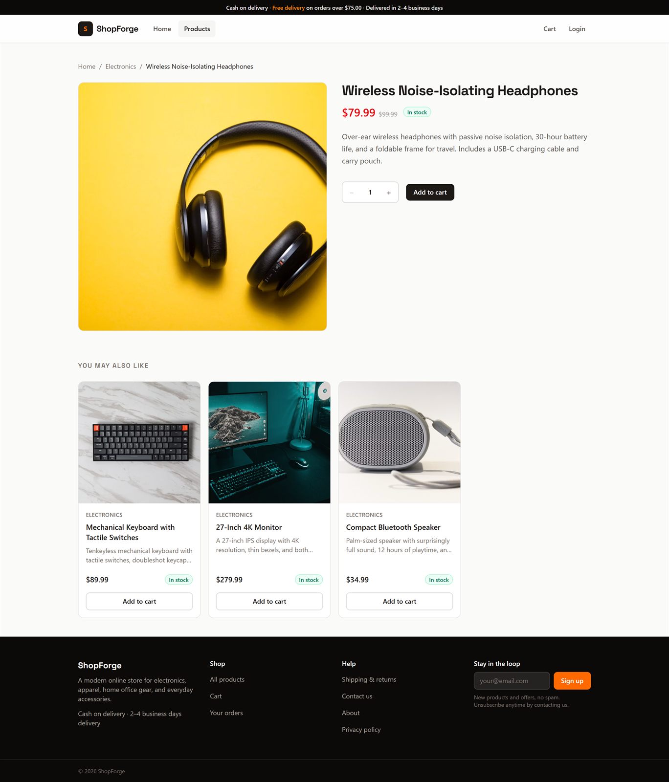 ShopForge product detail page showing product information and add-to-cart action