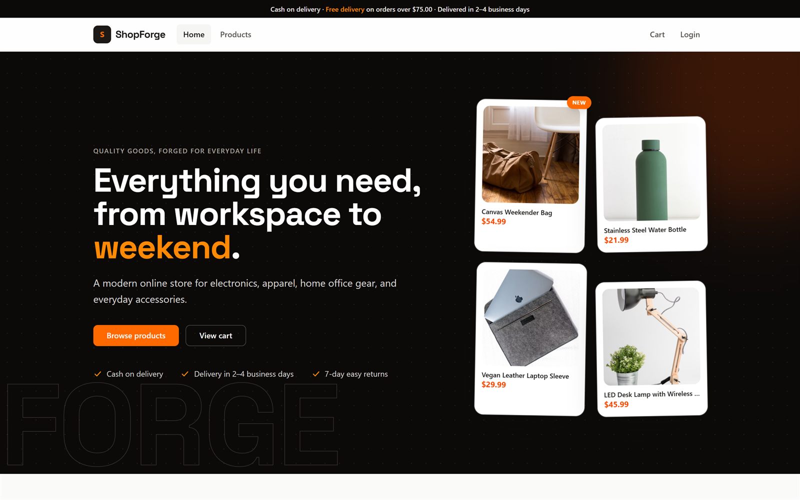 ShopForge storefront homepage with product highlights and navigation into the catalog