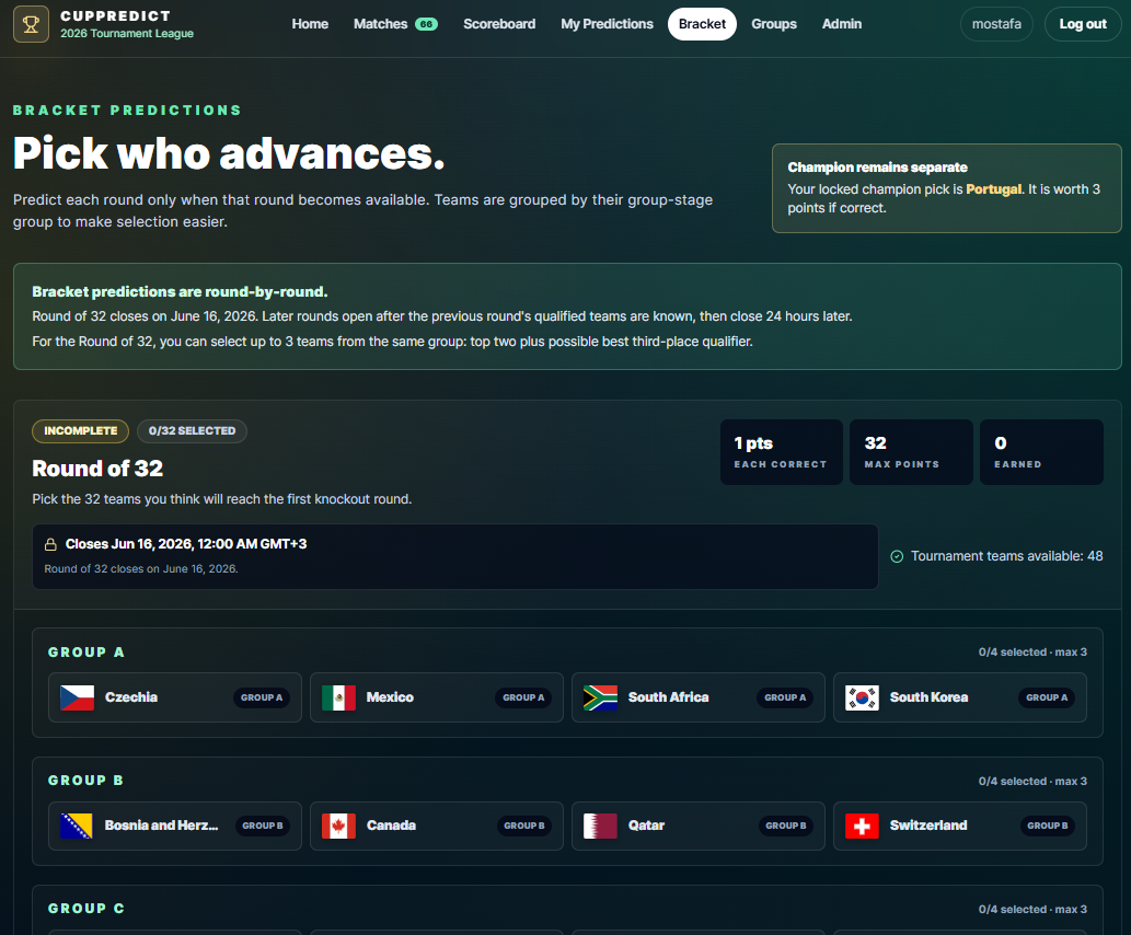 World Cup Predictor bracket page showing round of 32 selection rules and grouped team choices