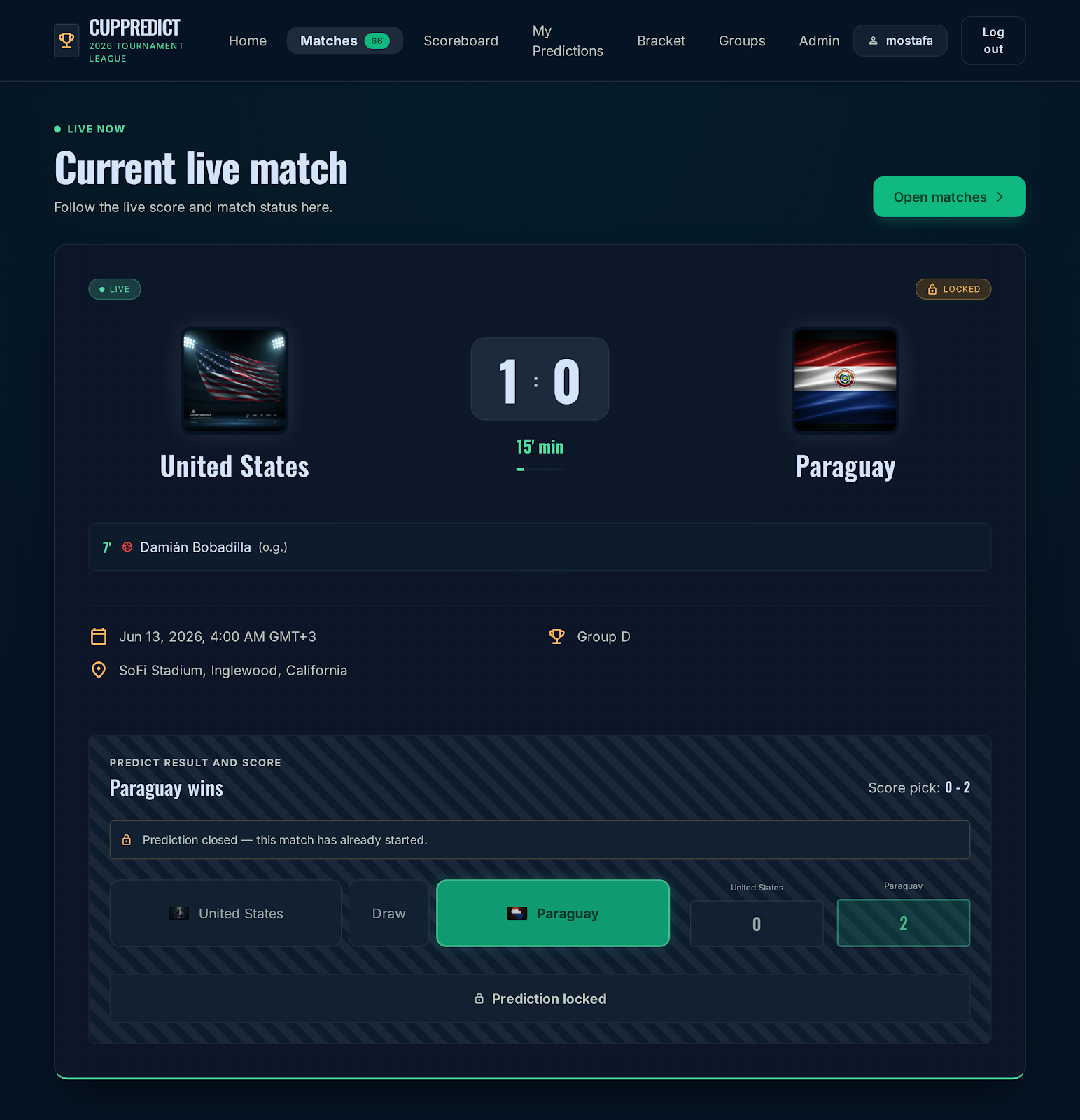 World Cup Predictor live match page showing United States against Paraguay with score, minute, goal event, and locked prediction