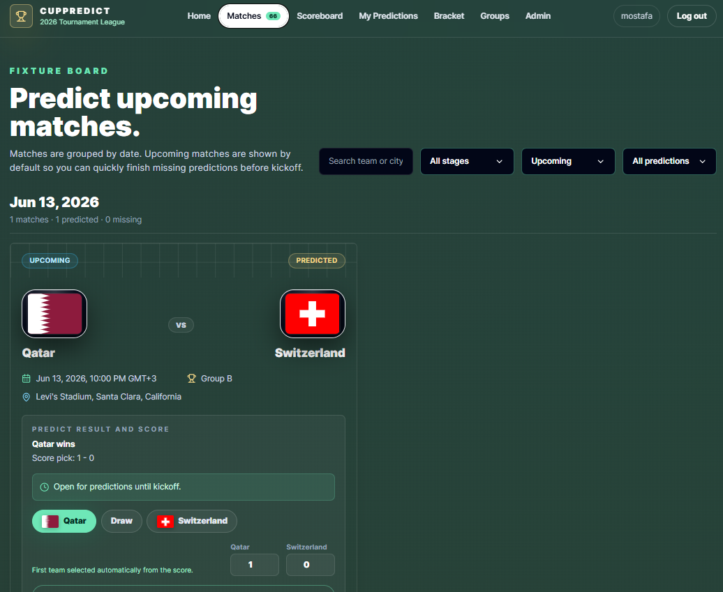 World Cup Predictor matches page with filters, fixture cards, and a score prediction form