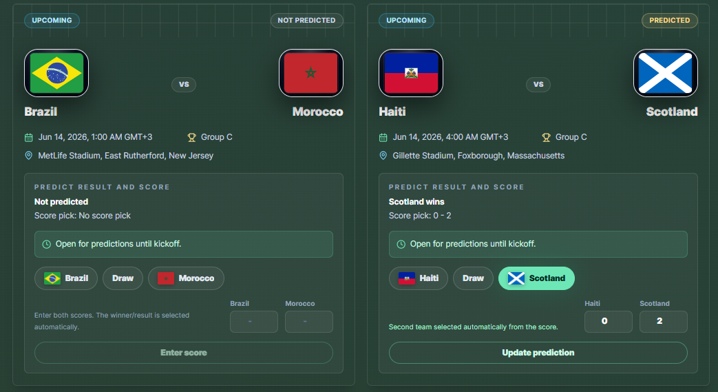 Two World Cup Predictor match cards showing not predicted and predicted states